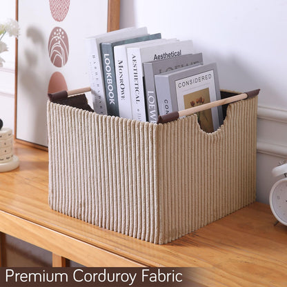 Premium Foldable Storage Bin with Wooden Handles | Corduroy Fabric Organizer Box for Wardrobe, Books, Clothes & Misc Items, Camel