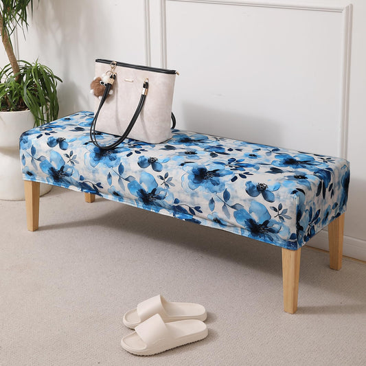 Premium Printed Velvet Elastic Dining Bench Cover, Blue Azure Botanical