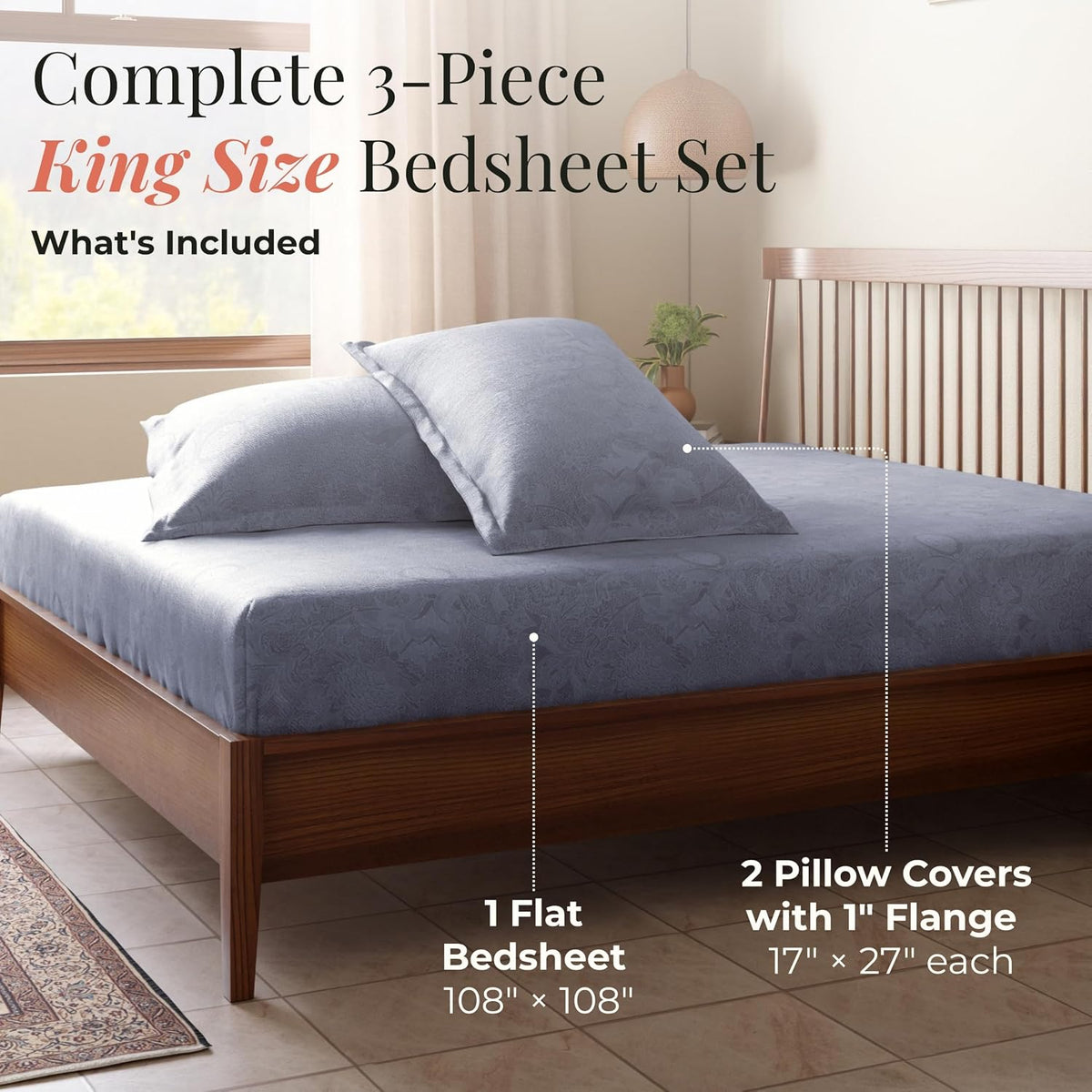 HOKIPO King Size Cotton Bedsheet, 2 Pillow Covers, Powder Blue & Ivory - image 6