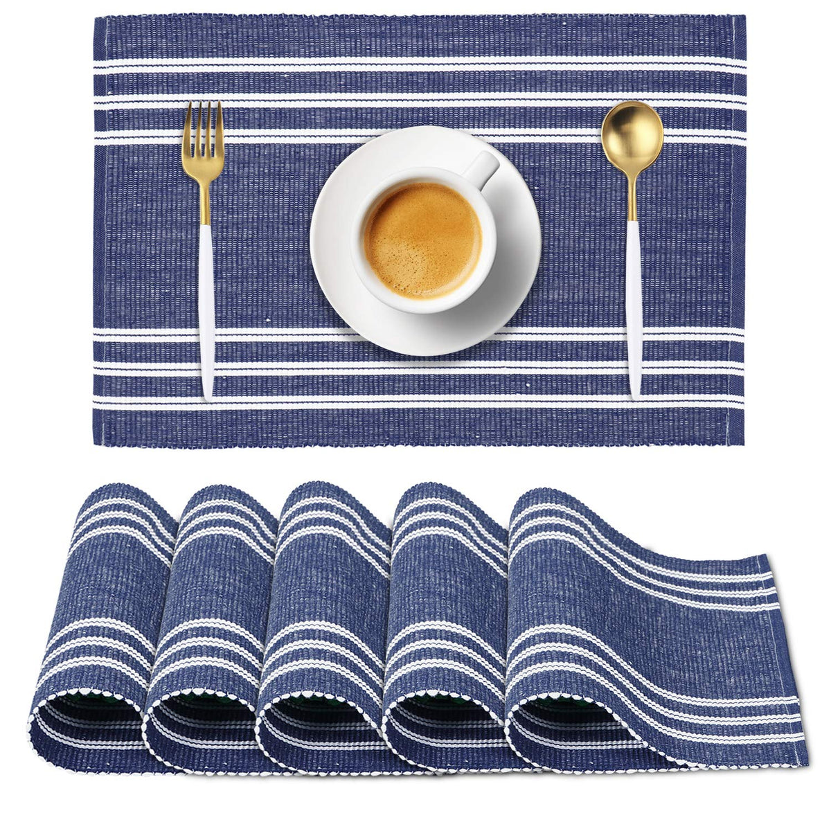 Ribbed Cotton Heat Resistant Dining Table Mat, Blue