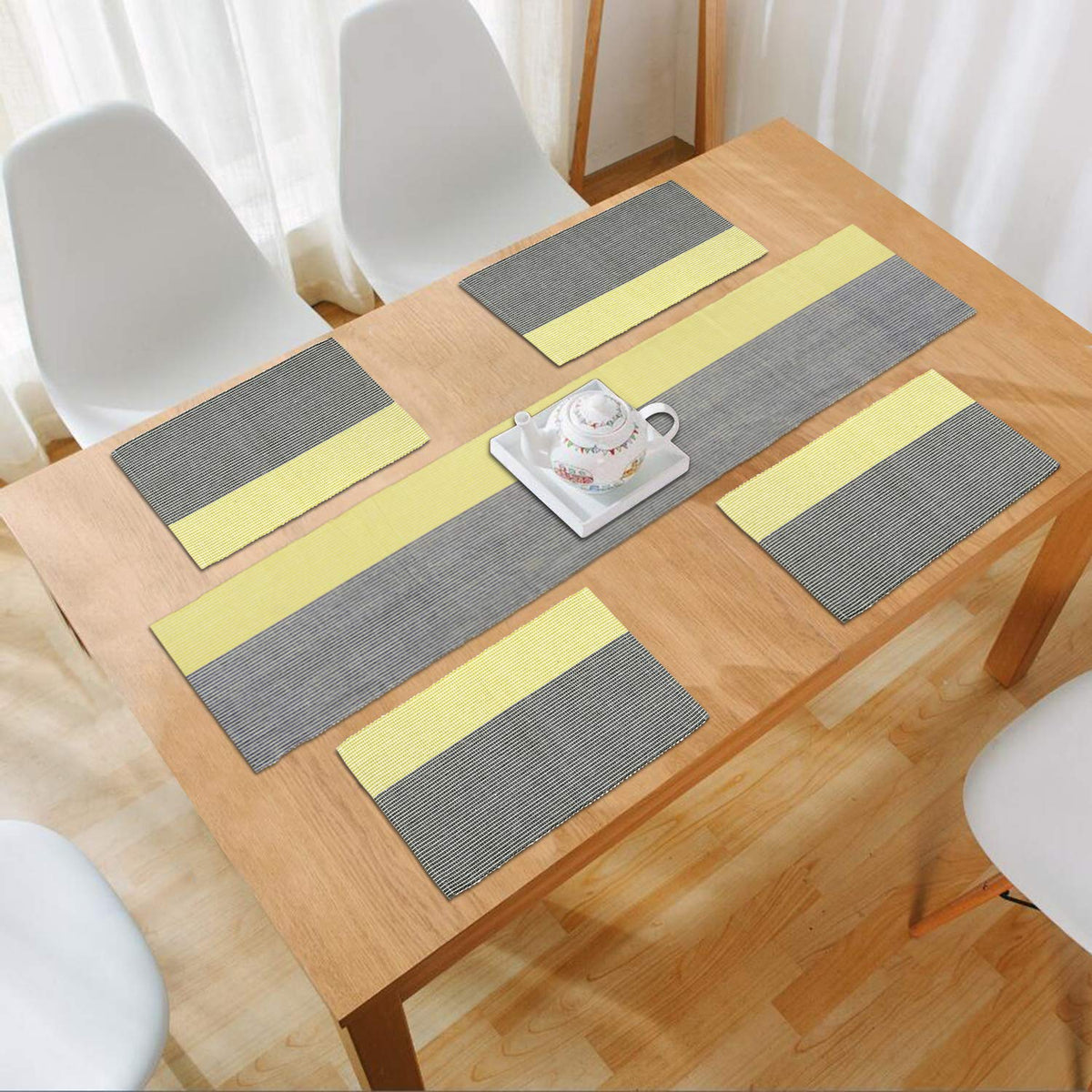Ribbed Cotton Heat Resistant Dining Table Mat, Yellow & Grey