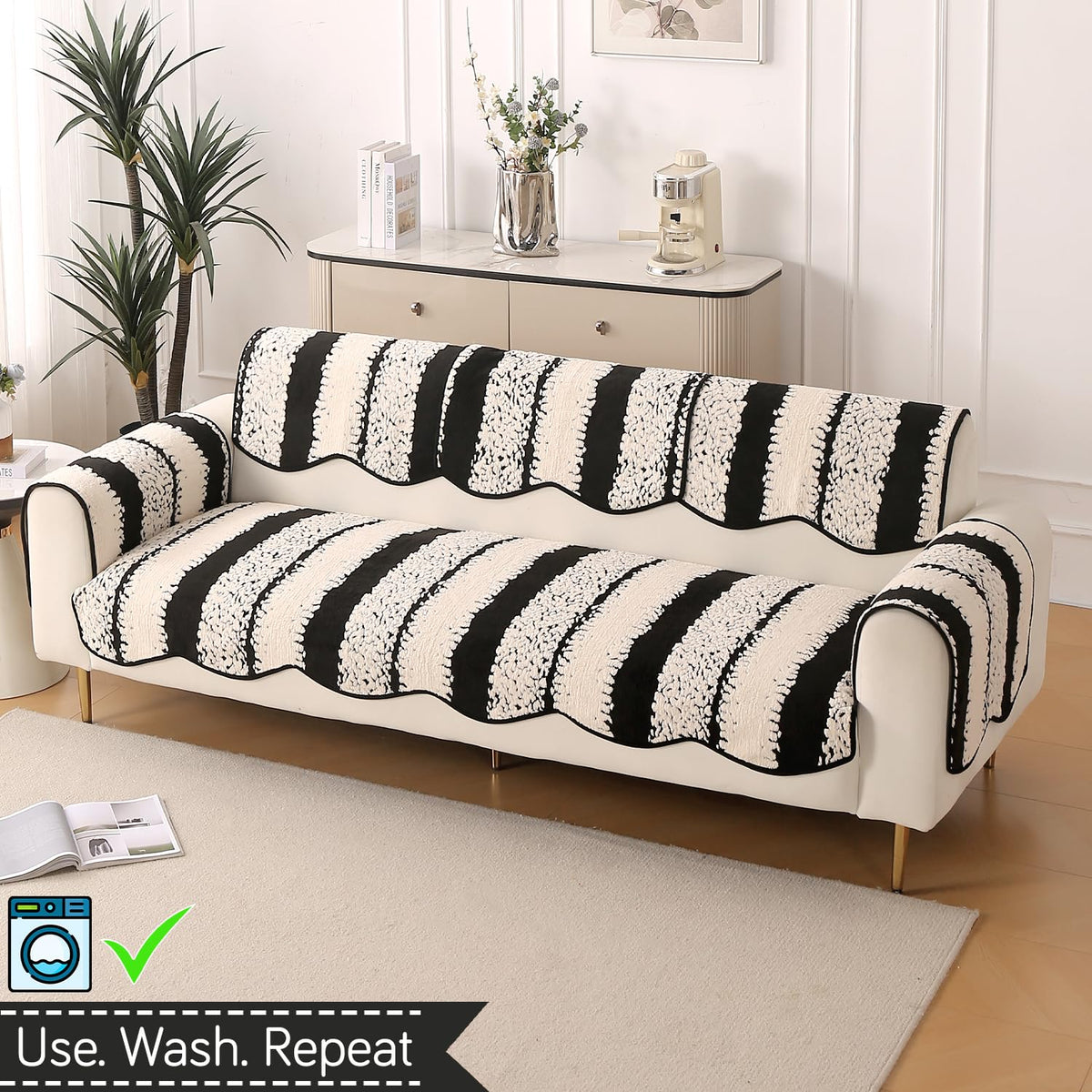 Luxury Sofa Cover Set | Seat, Back & Arm Covers | Anti-Slip Wavy Mat – Black
