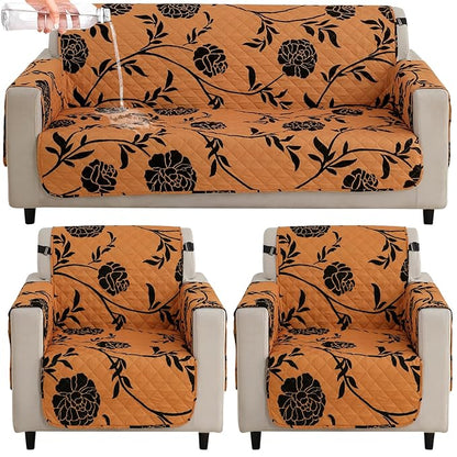 Waterproof & Quick-Dry Quilted Sofa Cover with Pockets on Armrest and Cushion Cover, Copper Brown Floral