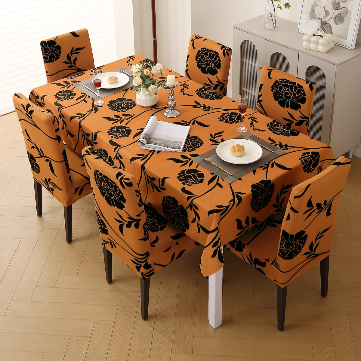 Elastic Dining Chair Covers with Matching Tablecloth, Copper Brown Floral