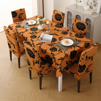 Elastic Dining Chair Covers with Matching Tablecloth, Copper Brown Floral
