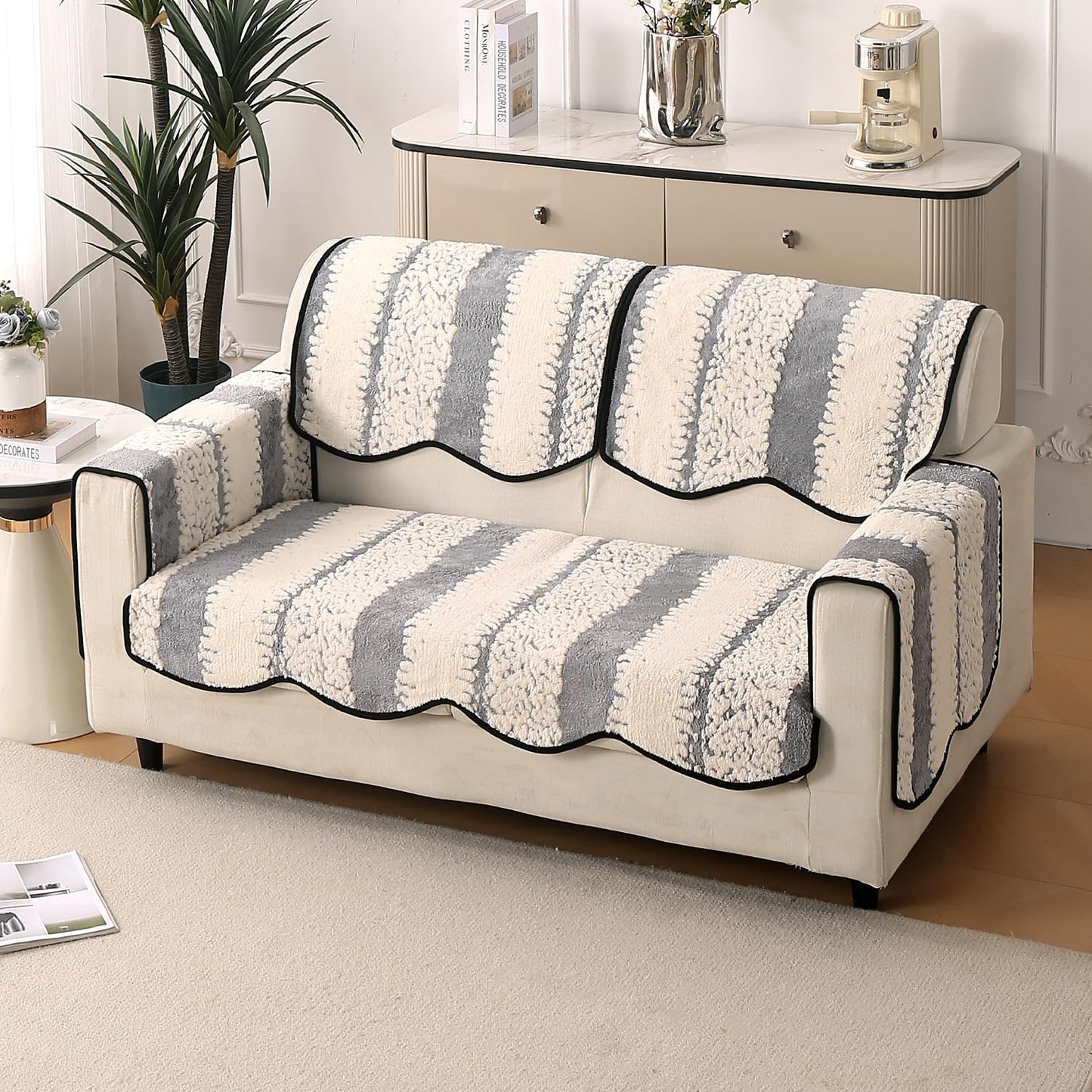 Luxury Sofa Cover Set | Seat, Back & Arm Covers | Anti-Slip Wavy Mat – Pewter Grey