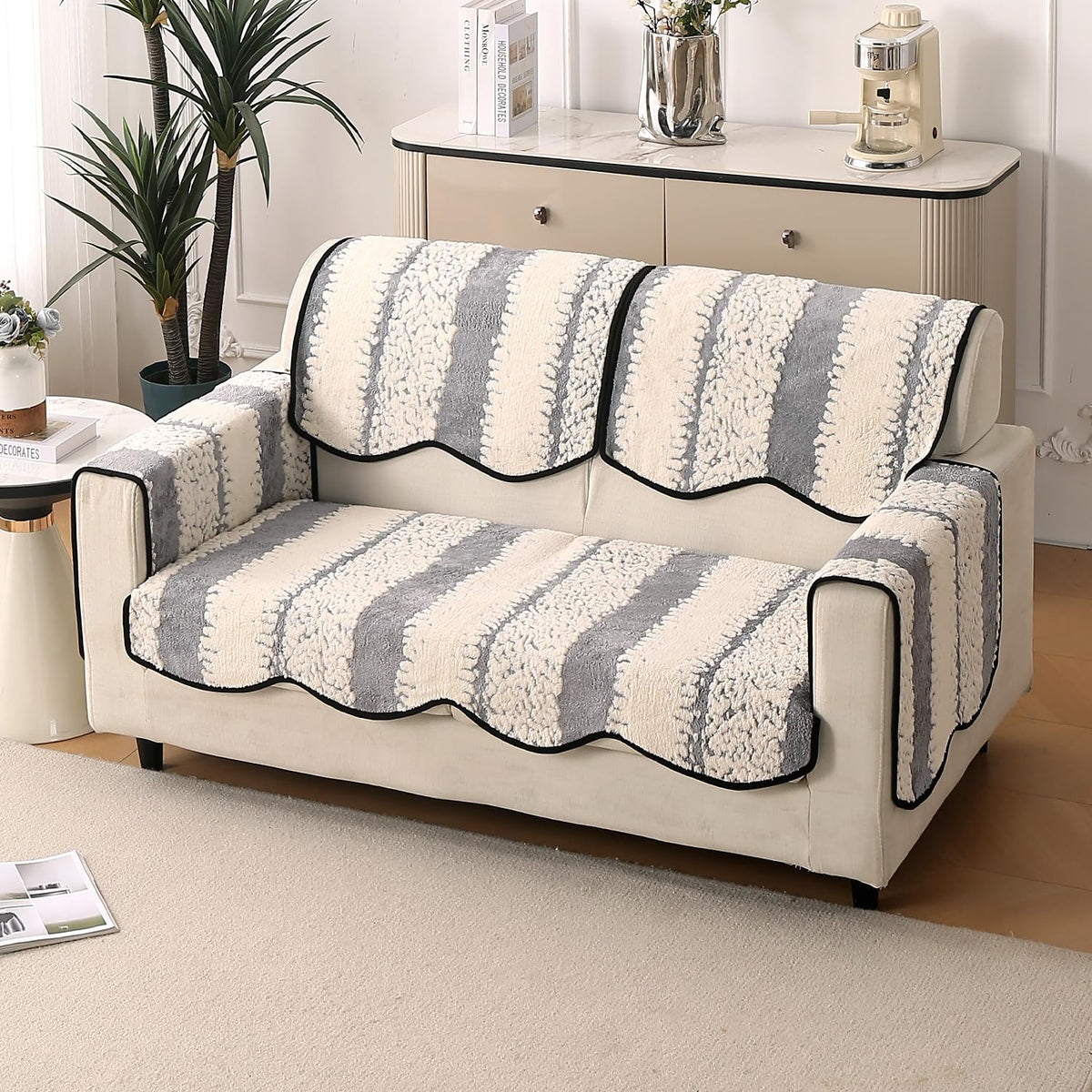 Luxury Sofa Cover Set | Seat, Back & Arm Covers | Anti-Slip Wavy Mat – Pewter Grey