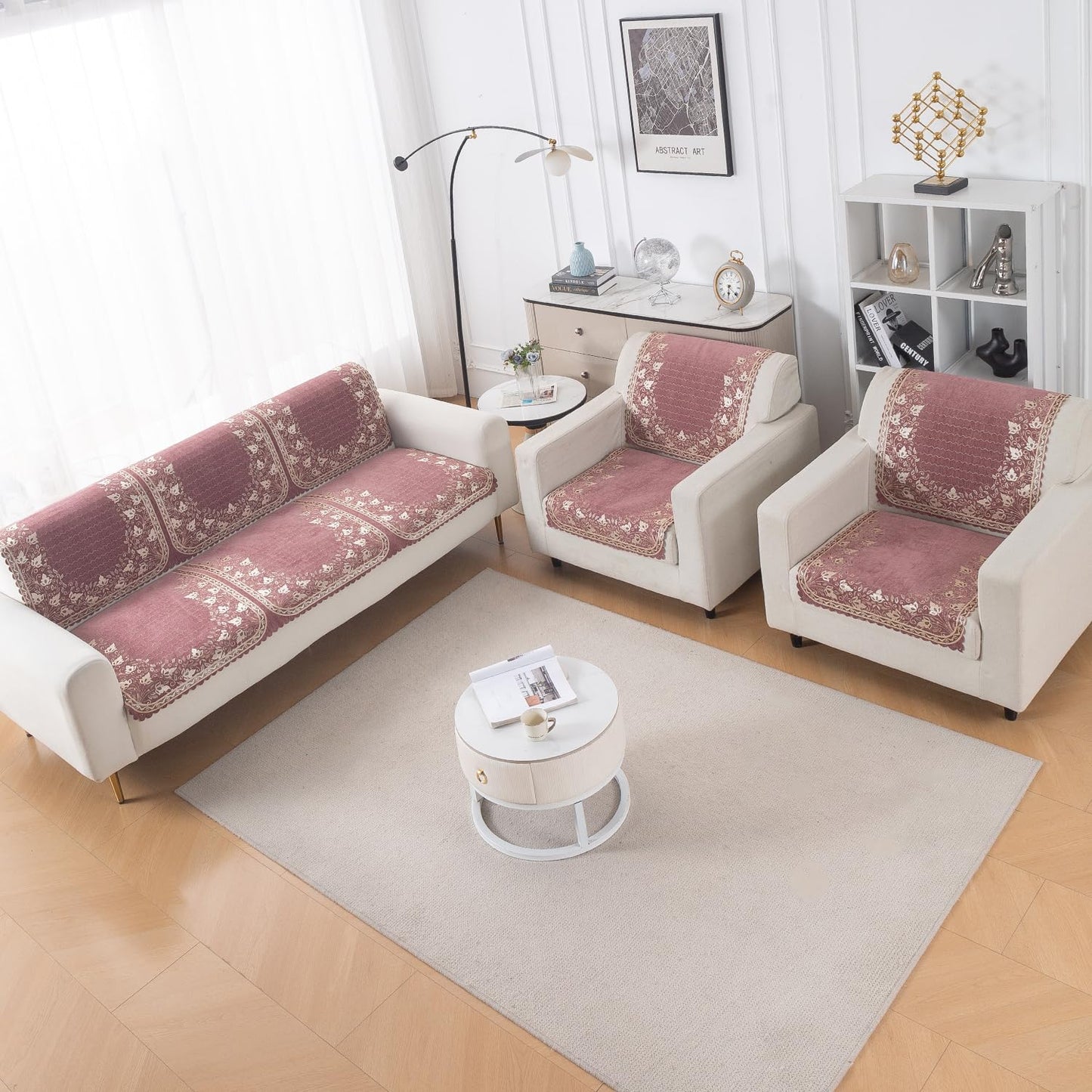 Royal Aangan Premium Chenille Jacquard Sofa Cover 5 Seater Set 3+1+1 Sofa Cover for Seat & Back, Gulabi Jaal