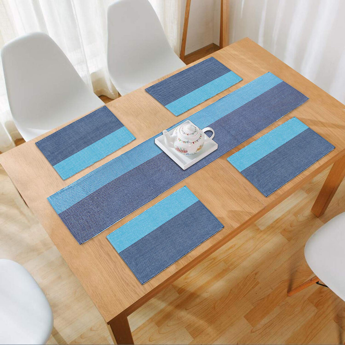 Ribbed Cotton Heat Resistant Dining Table Mat, Sky Blue