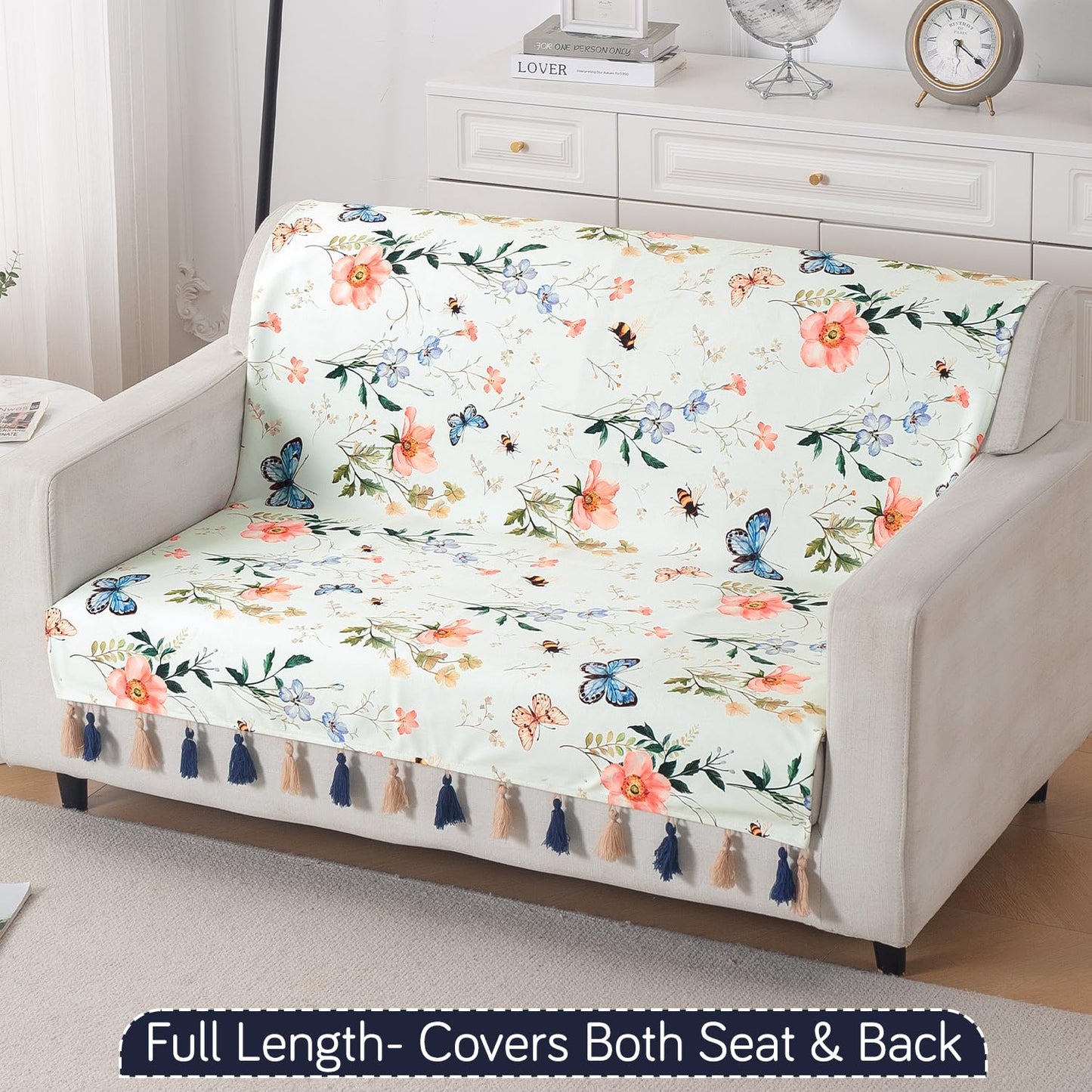 'Whispers of Nature' Series Holland Velvet Sofa Cover with Tassel, Pastel Butterfly Meadow