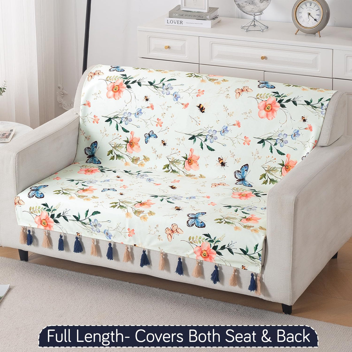'Whispers of Nature' Series Holland Velvet Sofa Cover with Tassel, Pastel Butterfly Meadow
