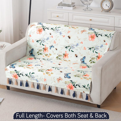 'Whispers of Nature' Series Holland Velvet Sofa Cover with Tassel, Pastel Butterfly Meadow