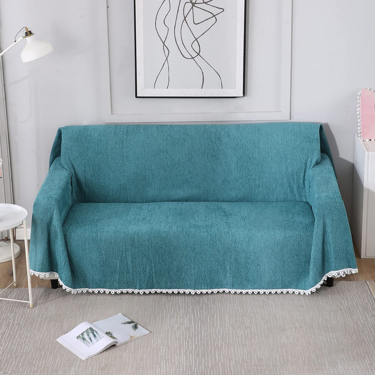 Blue colour chenille sofa throws available for 1, 2, 3 seater and 3+1, 3+1+1, & 3+2 seater sofa sets
