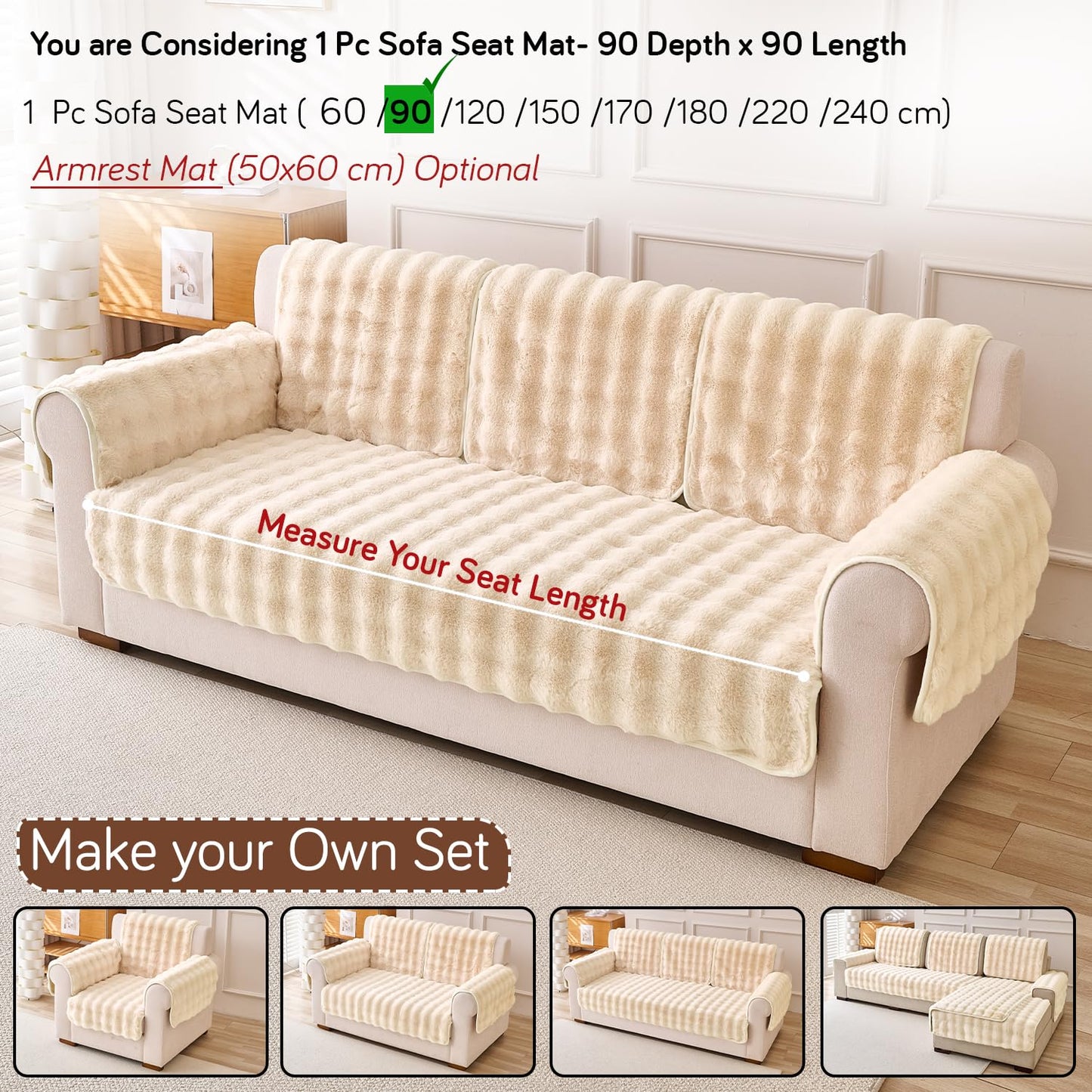 'FurHug' Premium Faux Rabbit Fur Sofa Seat Mats, Latte Brown