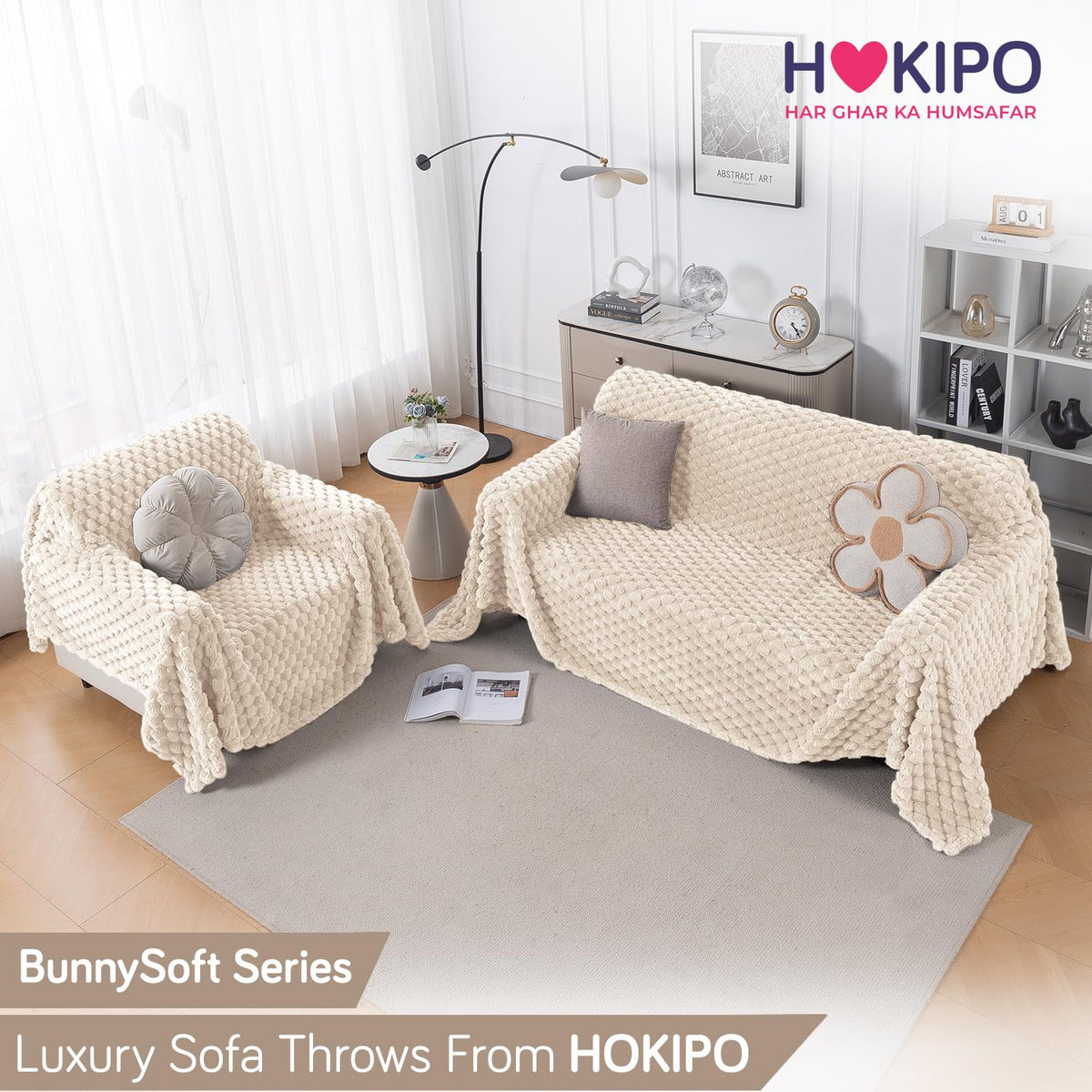 Luxury Rabbit Wool Plush Sofa Throw, Cream
