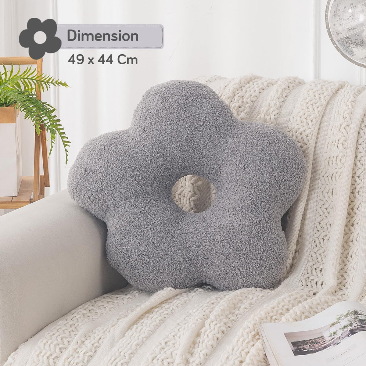 HOKIPO Flower Shaped Cushion for Sofa & Bed, 49 cm, Dark Grey