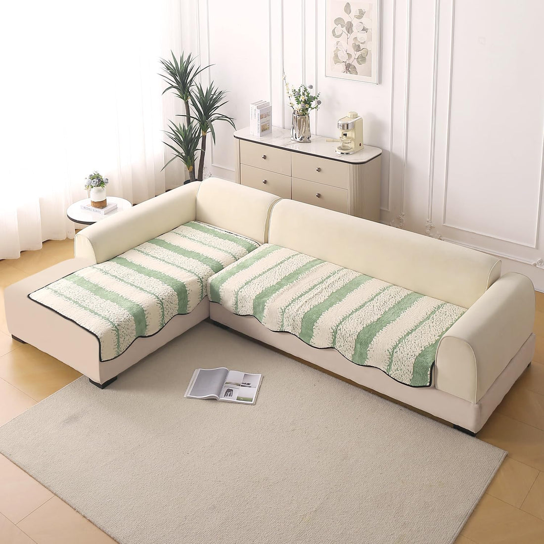 Buy Pistachio Green Colour Luxury Wavy L Shape Sofa Cover | HOKIPO
