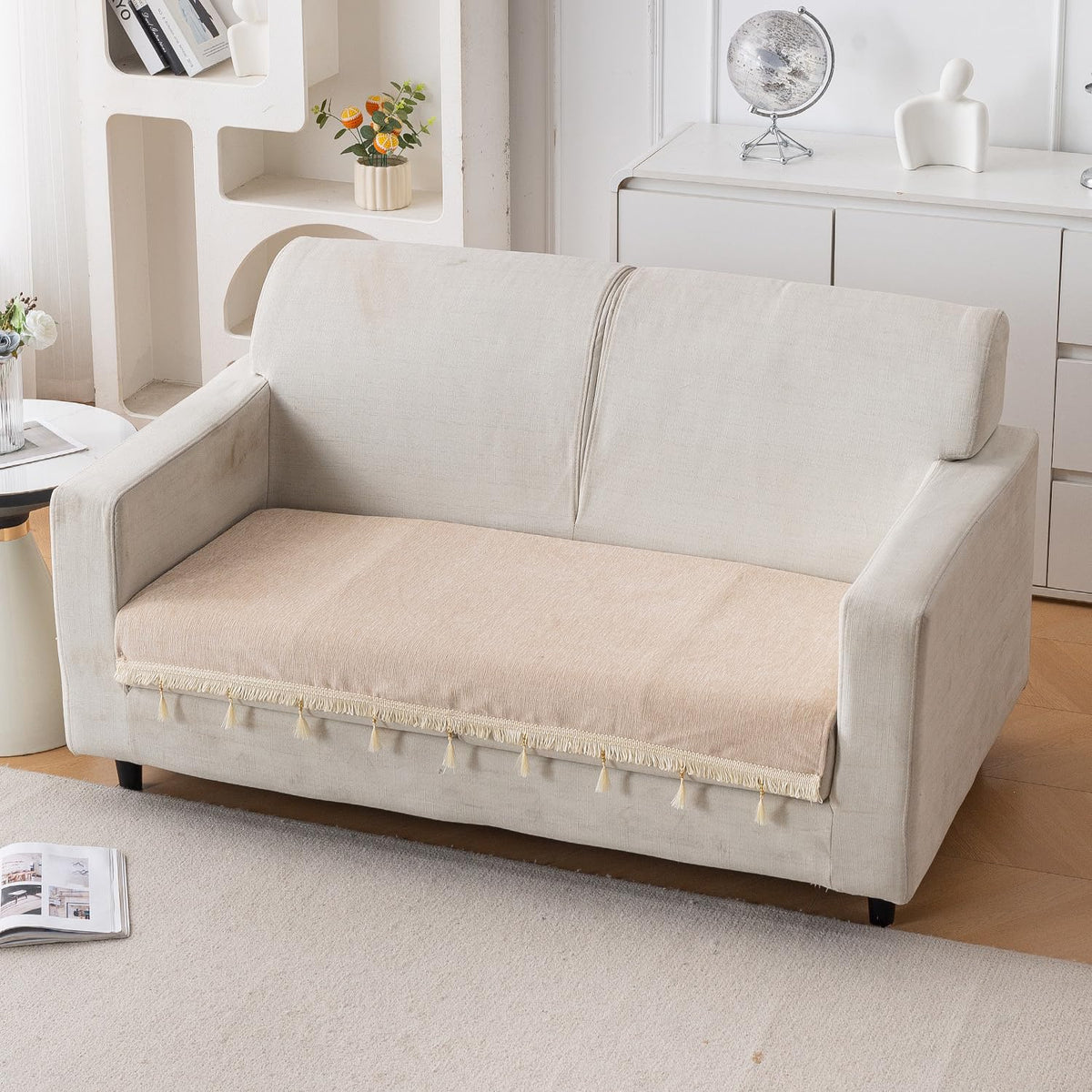 Serenity Tassel Chenille Sofa Cover with Tassel – Ivory Fringe