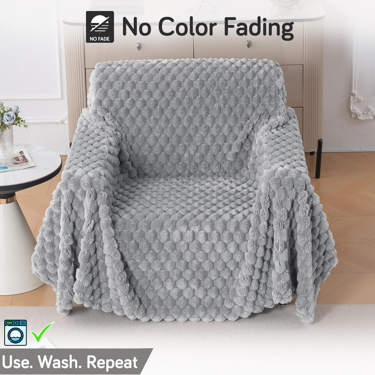 Luxury Rabbit Wool Plush Sofa Throw, Moon Grey