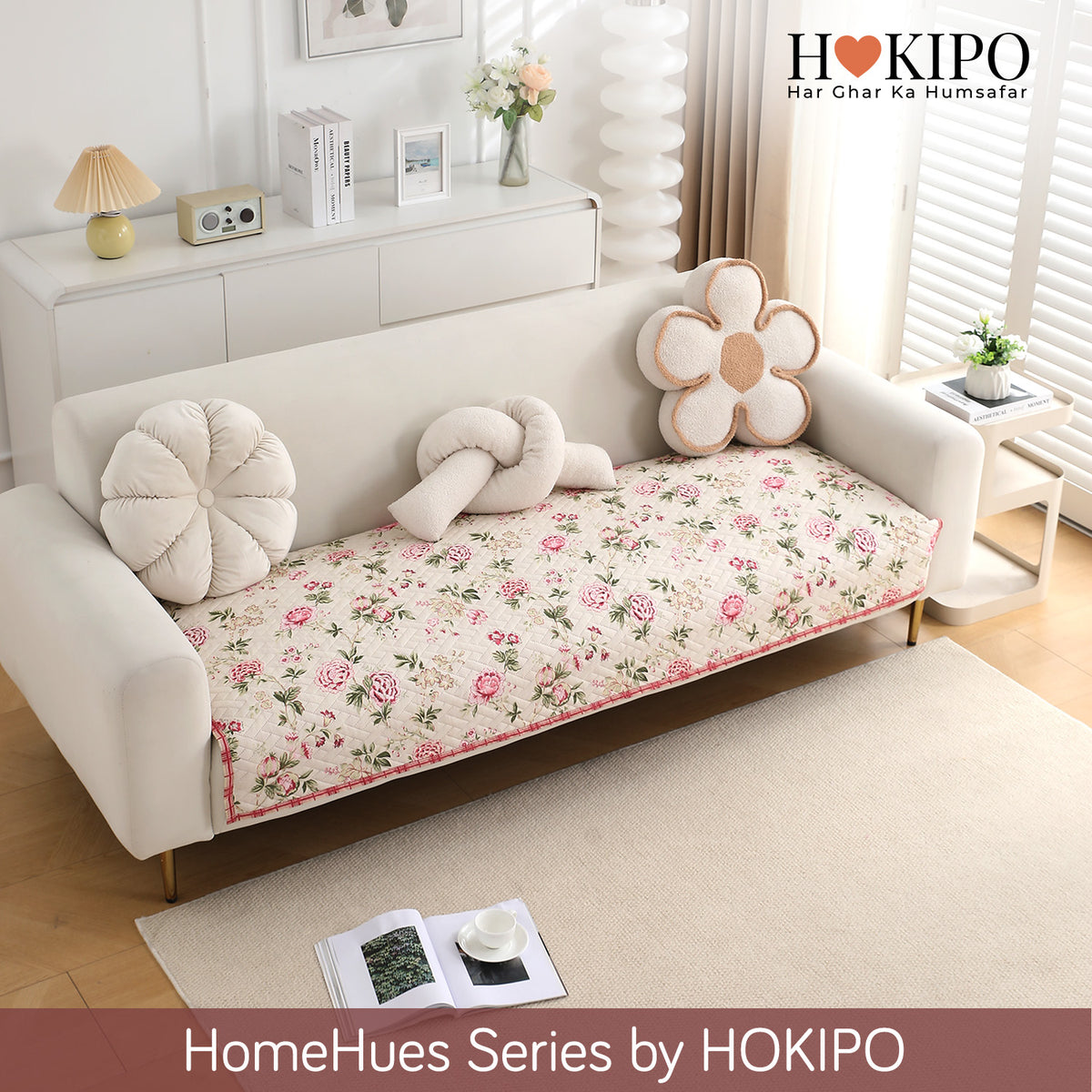 'Homehues' Printed Quilted Sofa Cover Mats, Beige Peonies