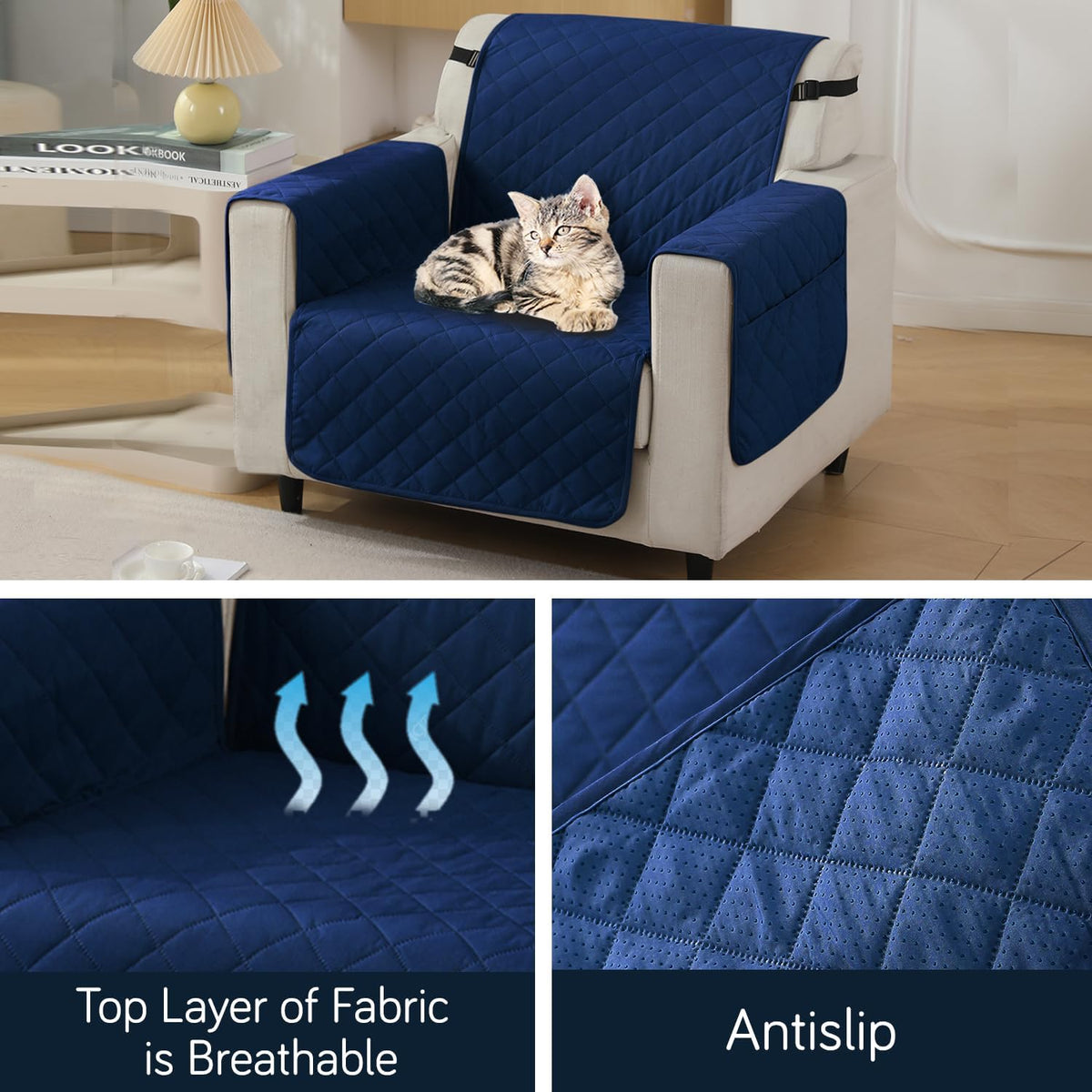 Navy Blue colour single seater quilted waterproof sofa cover | Hokipo
