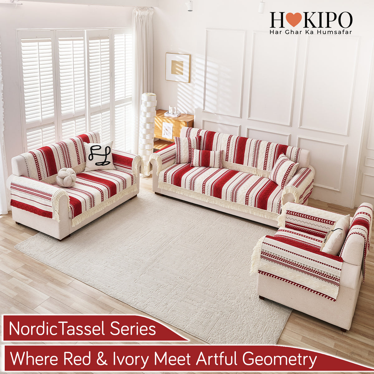 Nordic Boho Geometric Sofa Cover Mat with Tassel, 'Nordic Tassel Series'  Ruby Cream