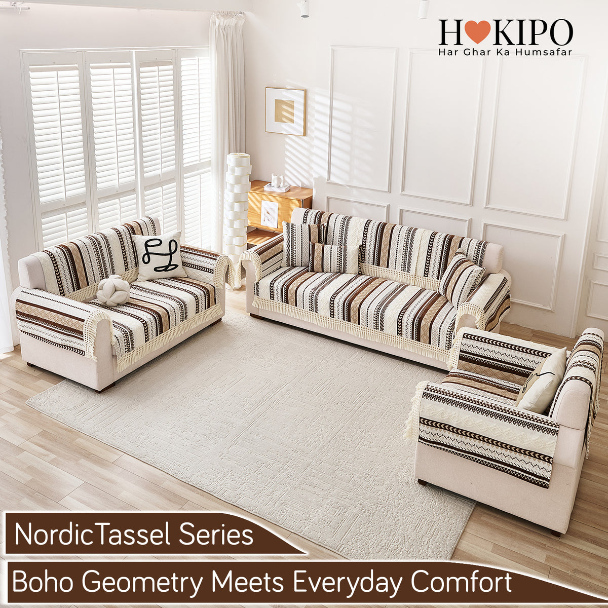 Nordic Boho Geometric Sofa Cover Mat with Tassel, 'Nordic Tassel Series'  Chocolate Brown