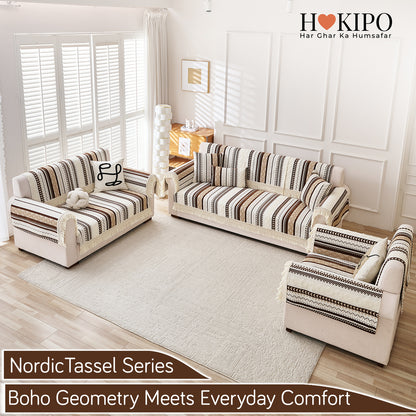 Nordic Boho Geometric Sofa Cover Mat with Tassel, 'Nordic Tassel Series'  Chocolate Brown