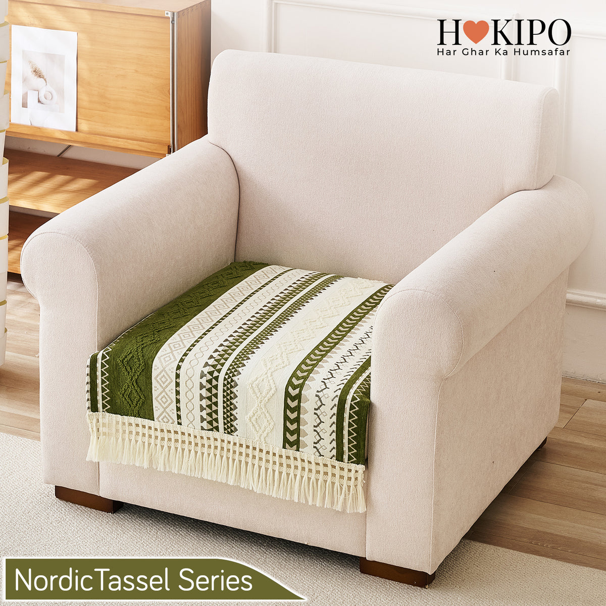 Nordic Boho Geometric Sofa Cover Mat with Tassel, 'Nordic Tassel Series'  Olive Meadow