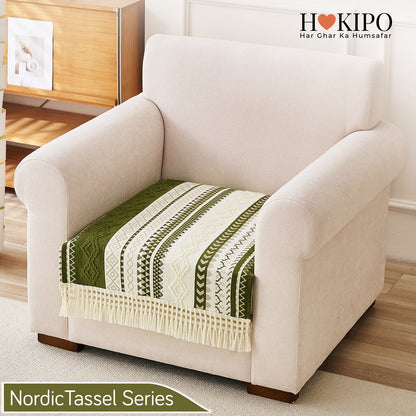 Nordic Boho Geometric Sofa Cover Mat with Tassel, 'Nordic Tassel Series'  Olive Meadow