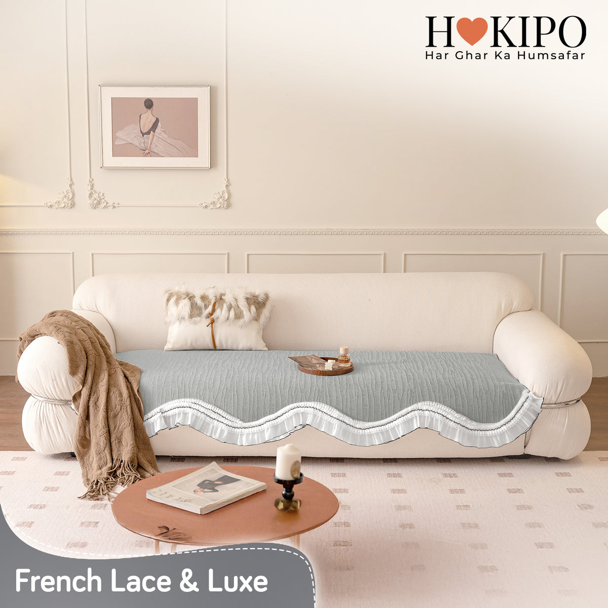 French Lace & Luxe with White Ruffle Edge Sofa Cover Mat, Featherlight Grey - view 7