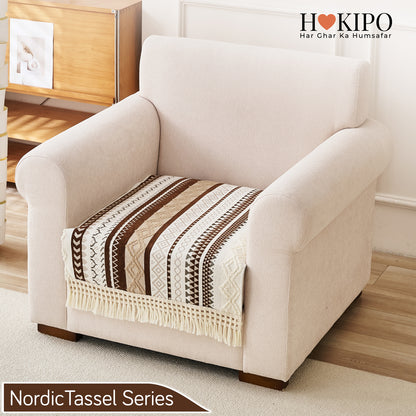 Nordic Boho Geometric Sofa Cover Mat with Tassel, 'Nordic Tassel Series'  Chocolate Brown