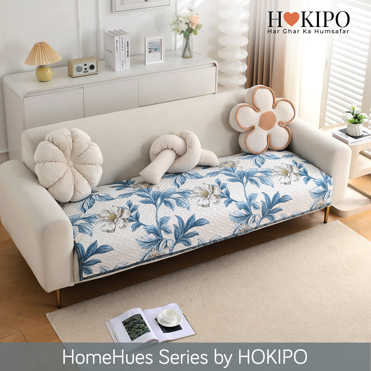 'Homehues' Printed Quilted Sofa Cover Mats, Celadon Blue Camellia