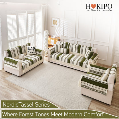 Nordic Boho Geometric Sofa Cover Mat with Tassel, 'Nordic Tassel Series'  Olive Meadow
