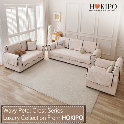 Embossed Floral Jacquard Anti-Slip Sofa Cover Mat, 'Wavy Petal Crest Series' Light Cream