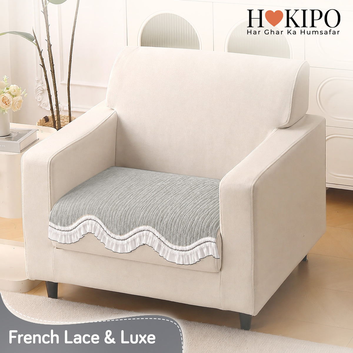 French Lace & Luxe with White Ruffle Edge Sofa Cover Mat, Featherlight Grey - view 14