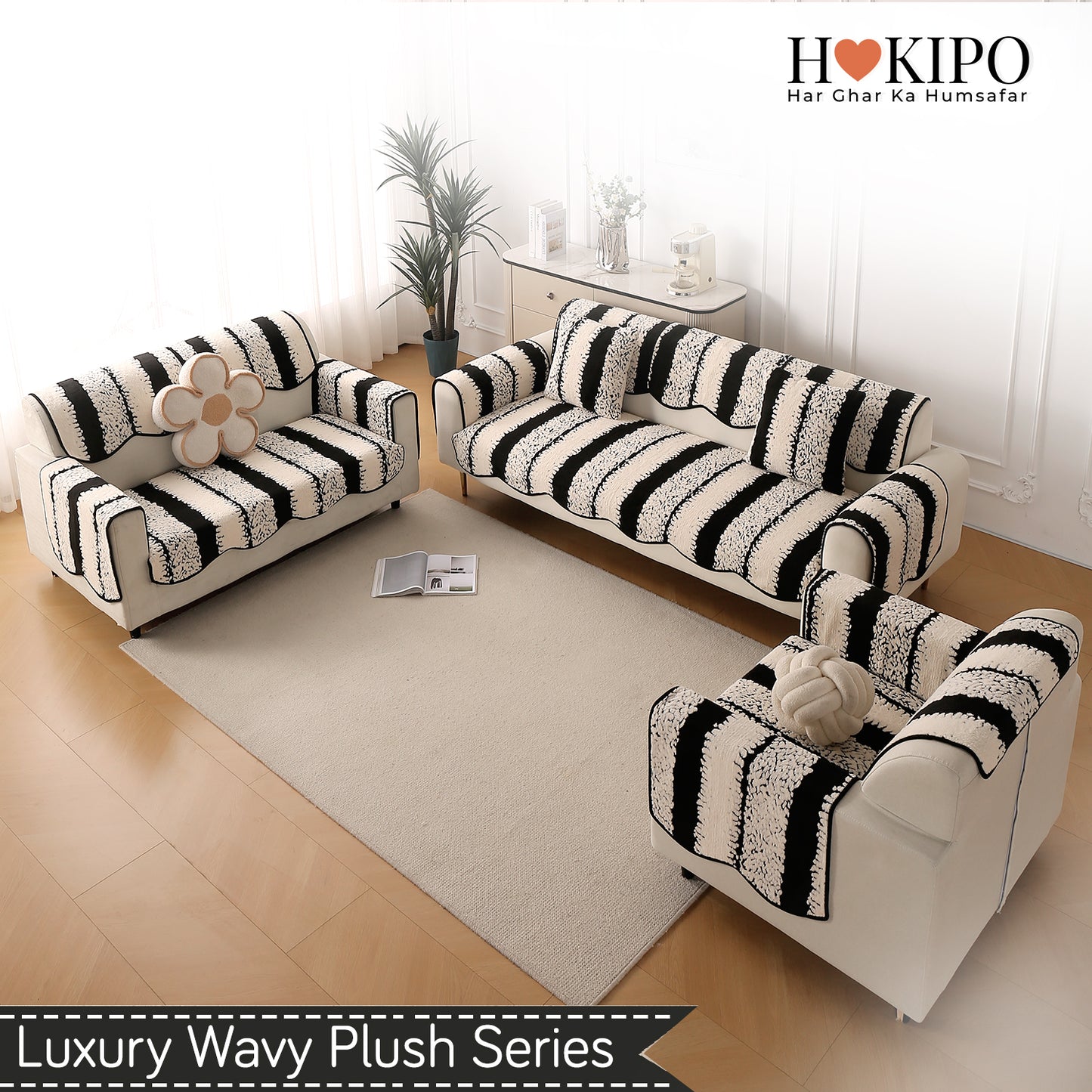 Luxury Wavy Plush Anti-Slip Sofa Cover Mats - Black