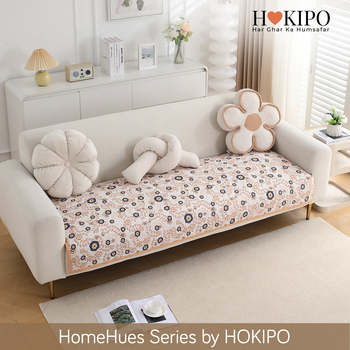 'Homehues' Printed Quilted Sofa Cover Mats,Light Peach Candytuft