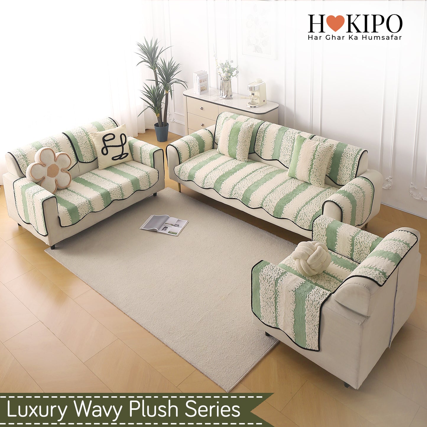 Luxury Wavy Plush Anti-Slip Sofa Cover Mats - Pistachio Green