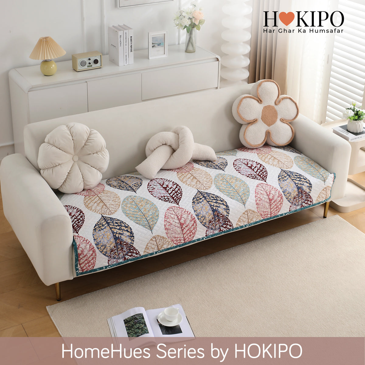 'Homehues' Printed Quilted Sofa Cover Mats, Multicolor Linden Leaf