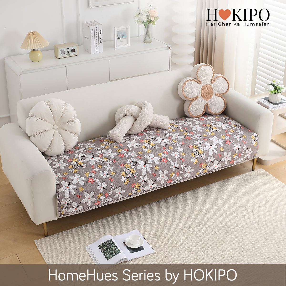 'Homehues' Printed Quilted Sofa Cover Mats, Pastel Brown Sandwort Flower