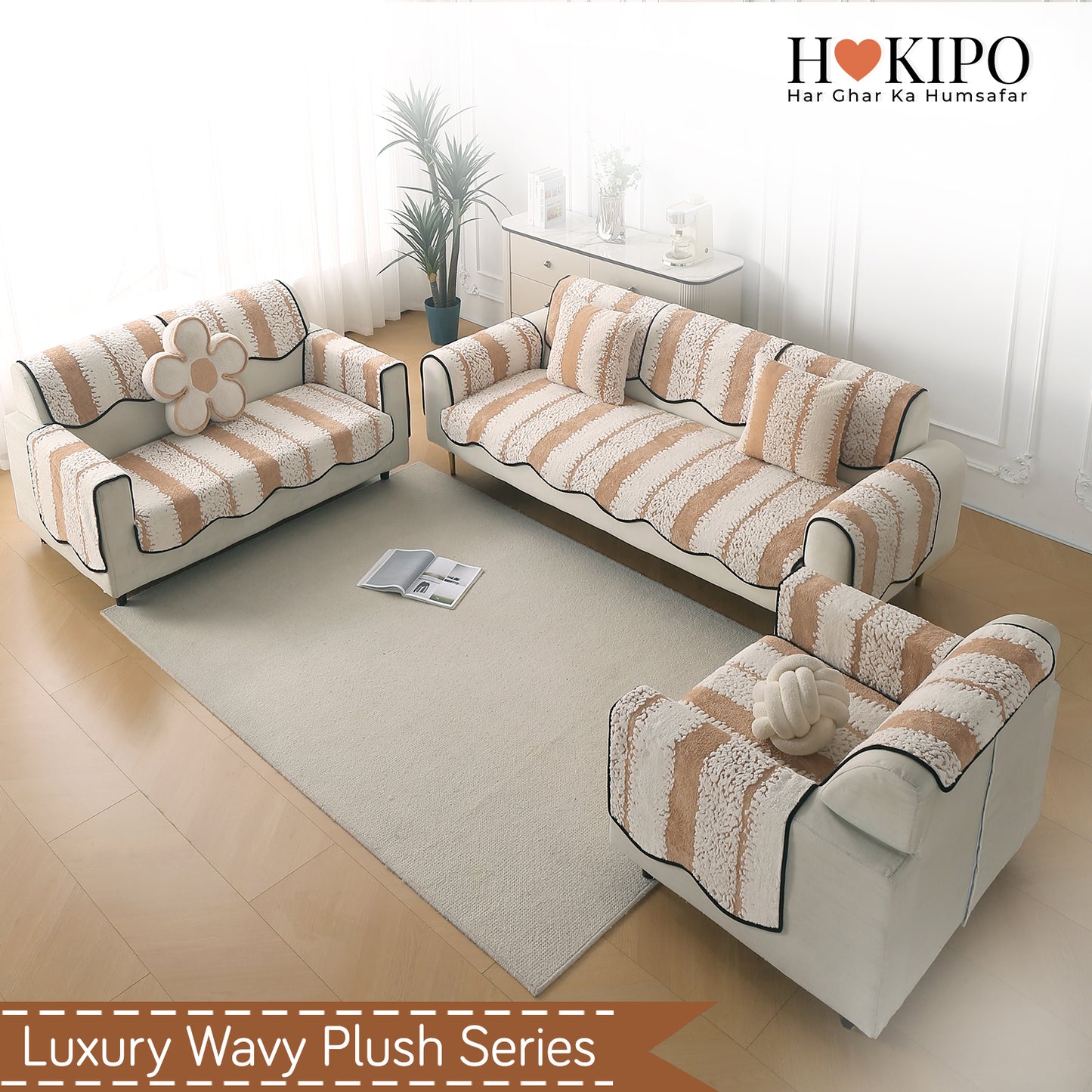Luxury Wavy Plush Anti-Slip Sofa Cover Mats - Desert Brown