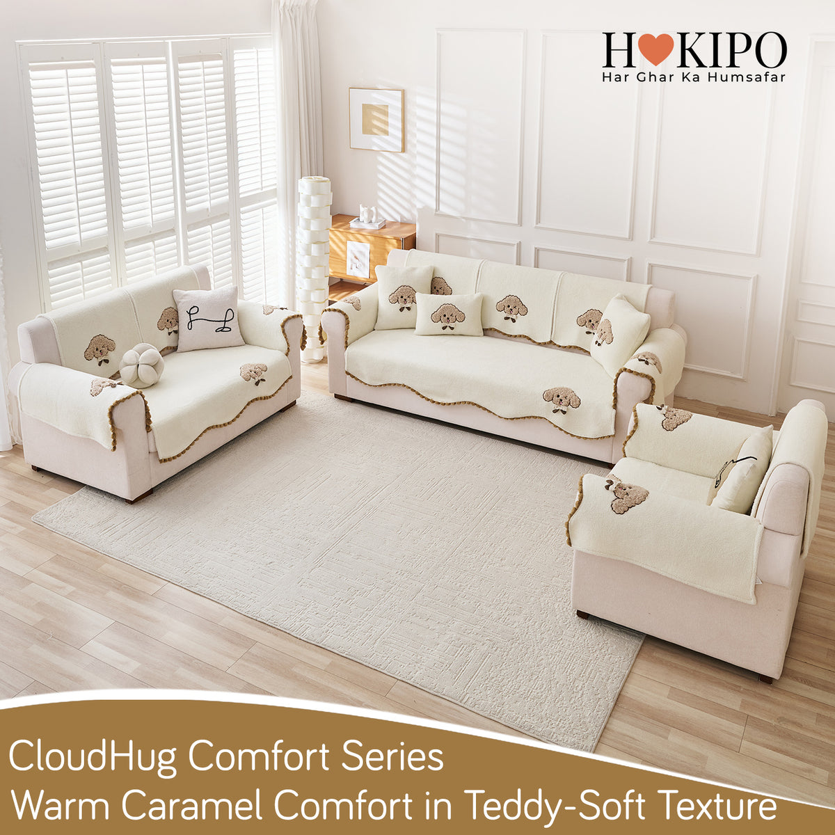 CloudHug Plush Sofa Cover Mat with PomPom and Wavy Edges, Ivory Cream