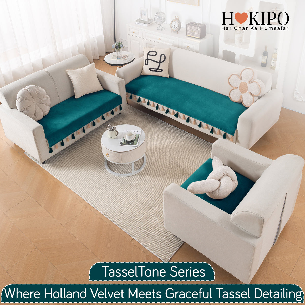 Tassel Tone Holland Velvet Sofa Cover Mat, Teal