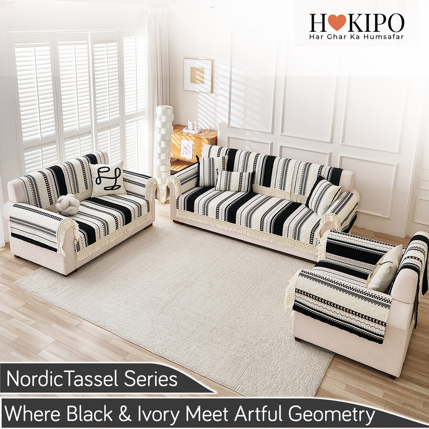 Nordic Boho Geometric Sofa Cover Mat with Tassel, 'Nordic Tassel Series'  Aurora Black