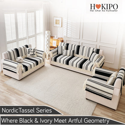 Nordic Boho Geometric Sofa Cover Mat with Tassel, 'Nordic Tassel Series'  Aurora Black