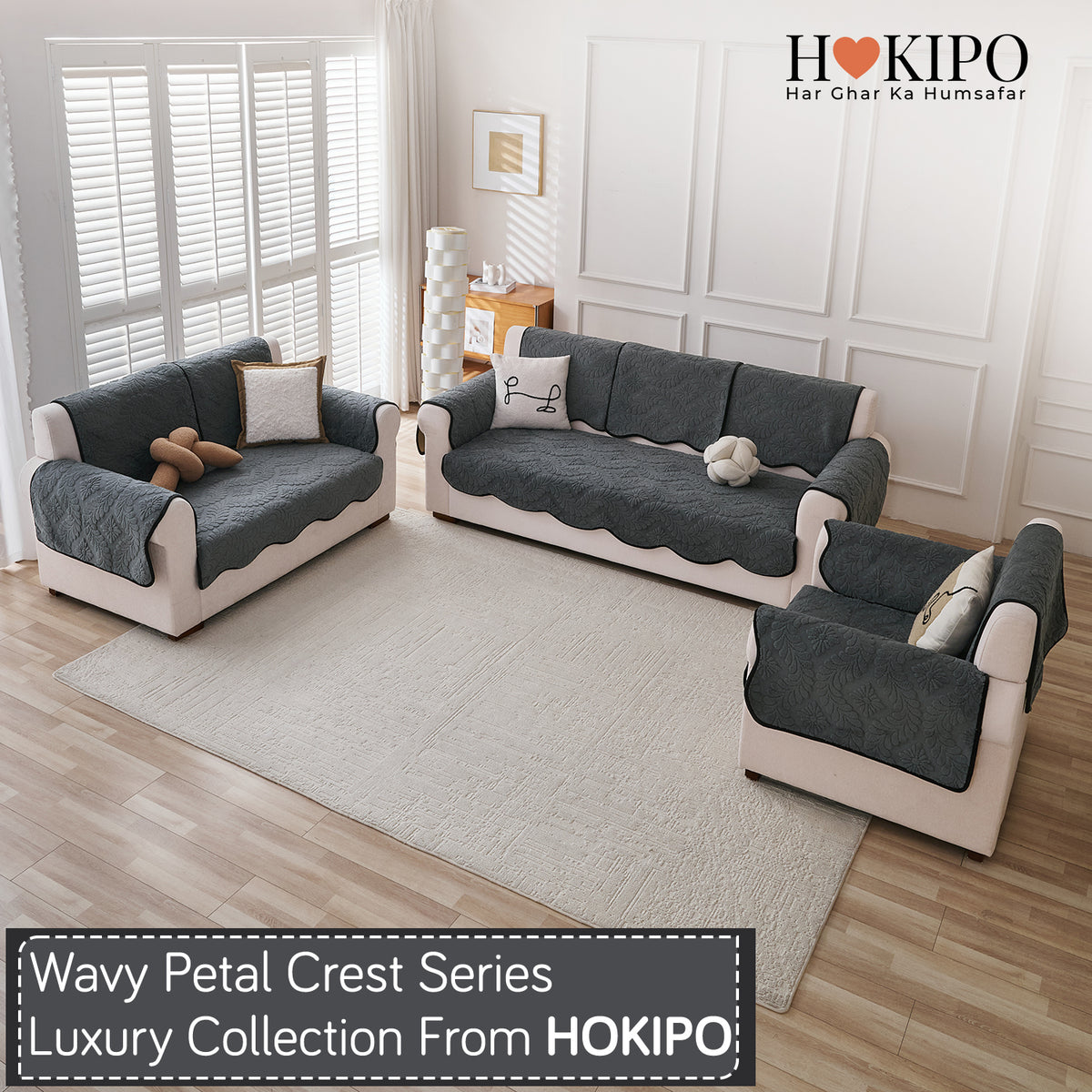 Embossed Floral Jacquard Anti-Slip Sofa Cover Mat, 'Wavy Petal Crest Series' Charcoal Grey