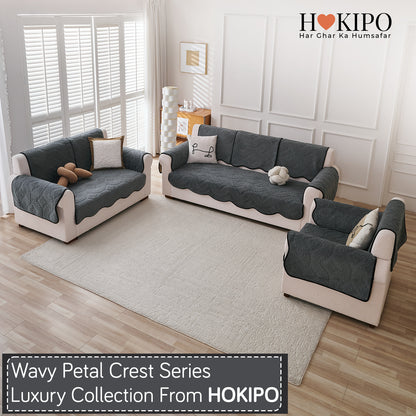 Embossed Floral Jacquard Anti-Slip Sofa Cover Mat, 'Wavy Petal Crest Series' Charcoal Grey
