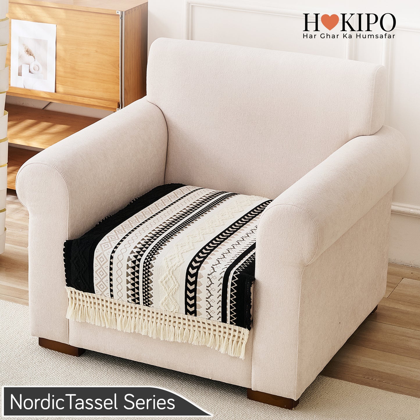 Nordic Boho Geometric Sofa Cover Mat with Tassel, 'Nordic Tassel Series'  Aurora Black