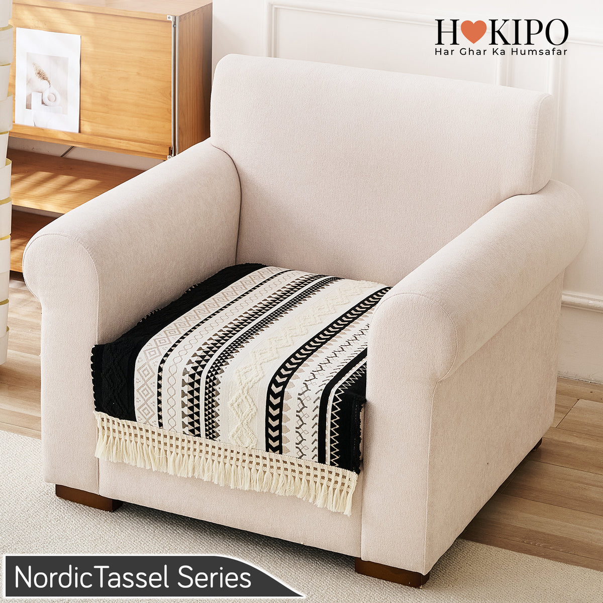 Nordic Boho Geometric Sofa Cover Mat with Tassel, 'Nordic Tassel Series'  Aurora Black